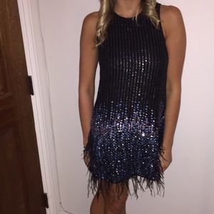 Parker black/blue beaded dress with feather bottom
